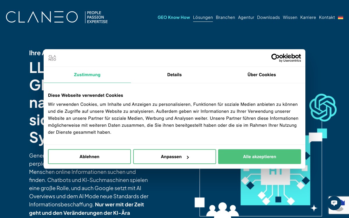 Screenshot of the Claneo website