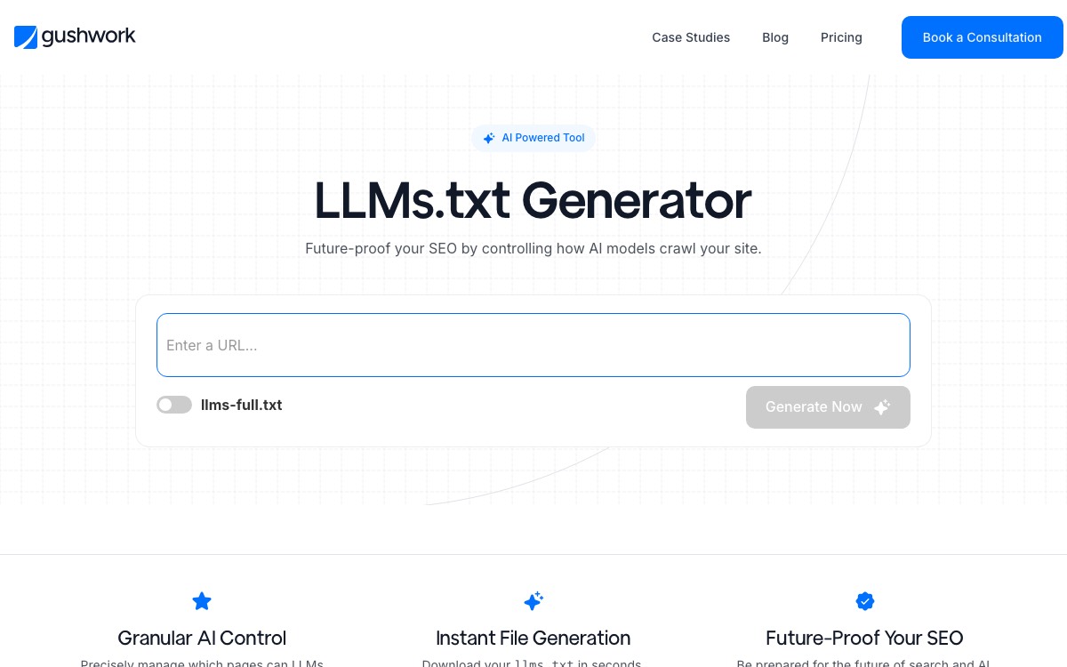 Screenshot of the Gushwork llms.txt Generator website
