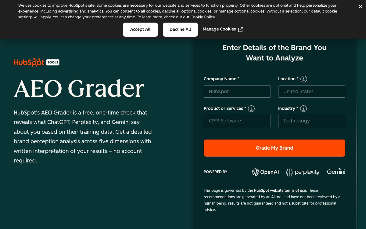 Screenshot of the HubSpot AEO Grader website