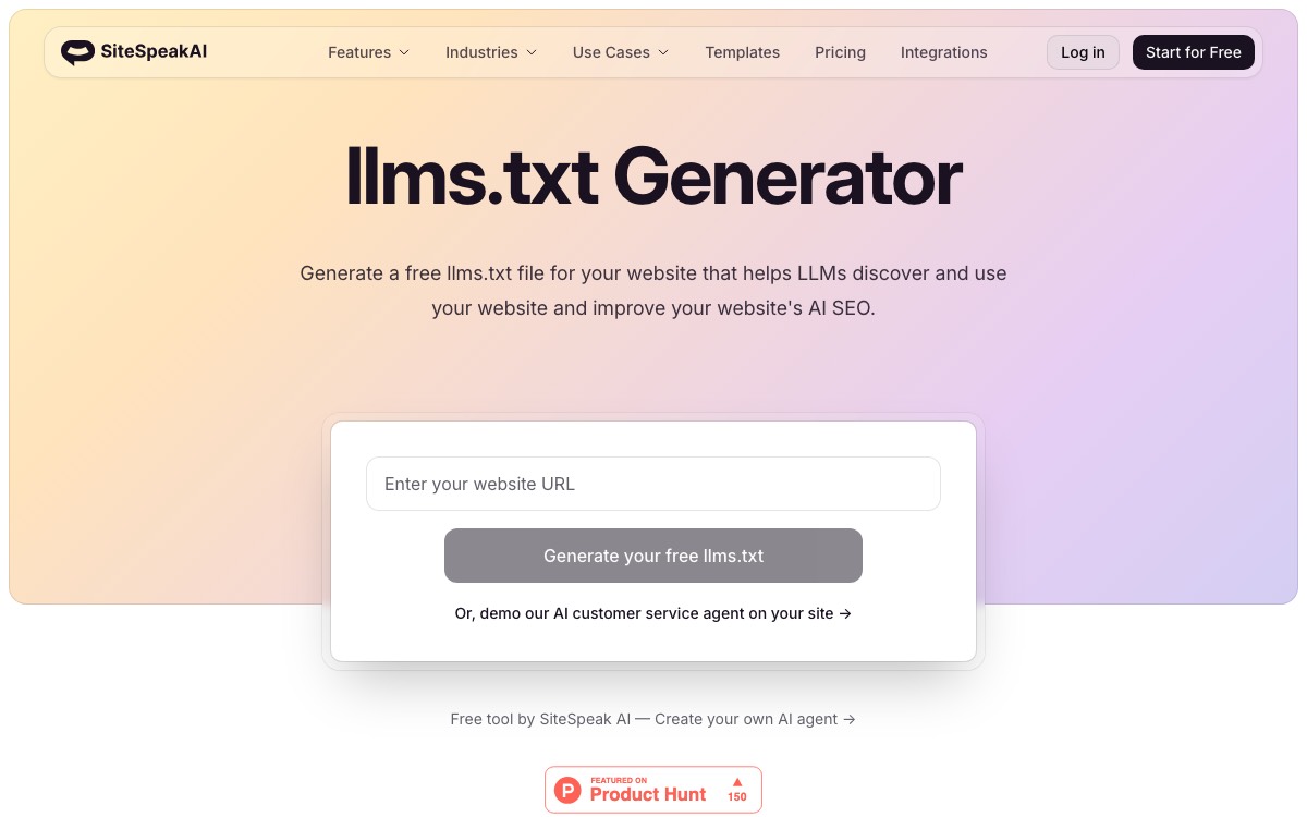 Screenshot of the SiteSpeakAI llms.txt Generator website